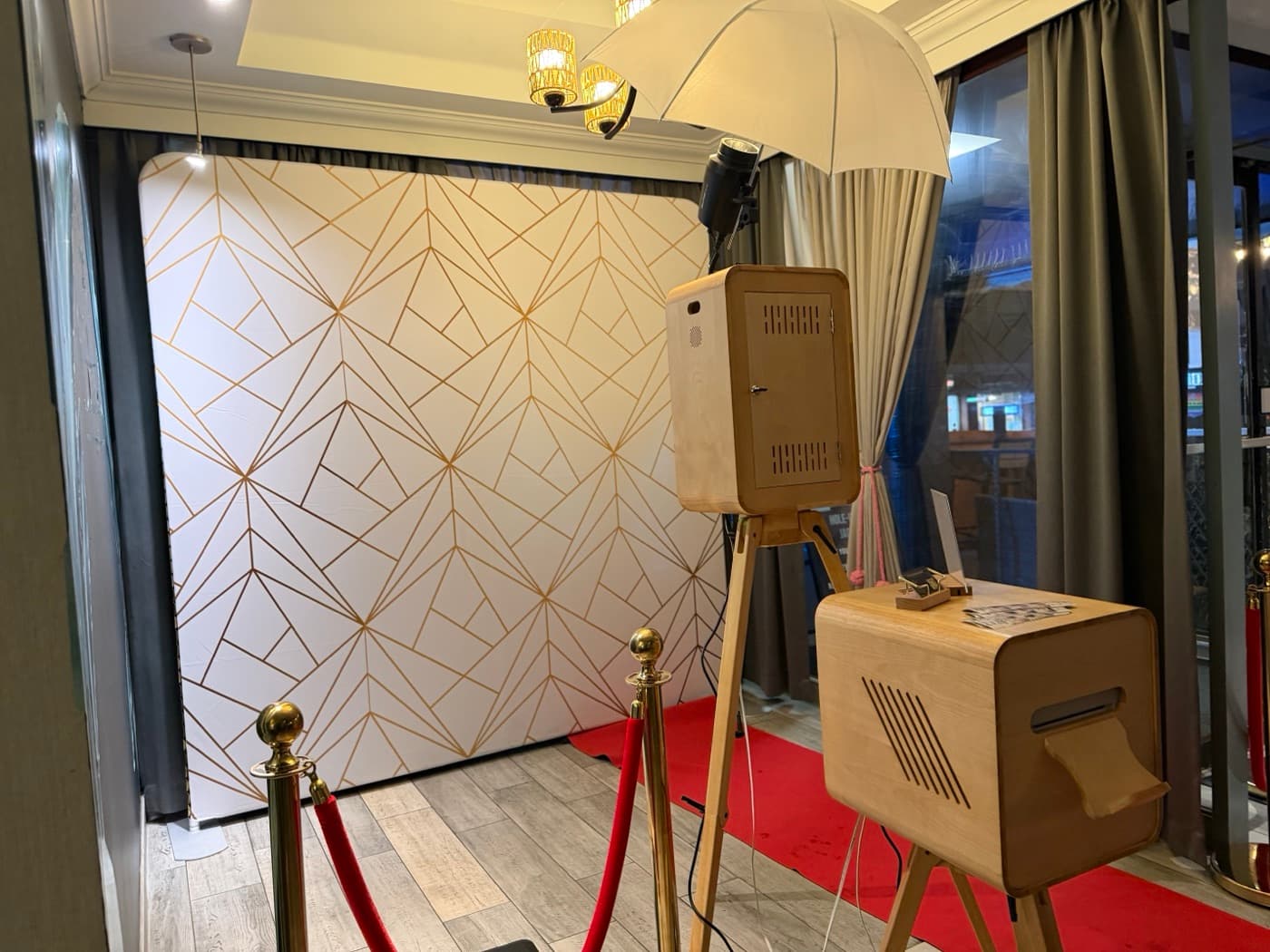 Handcrafted wood photo booth setup